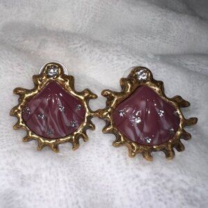 Vintage Gold Scalloped Shell Statement Earrings Purple & Pearl